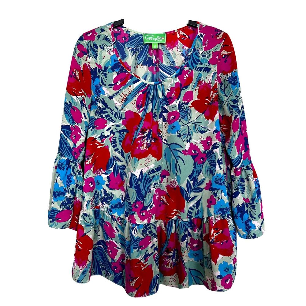 Papagallo Womens Sz S Floral Print Peplum Hem Bell Sleeves Blouse